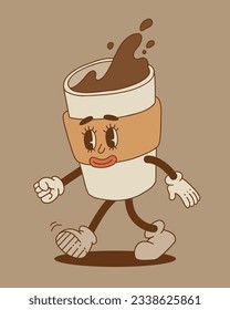Retro cartoon coffee cup character set. Mug mascot in different poses. 70s-80s groovy contour vector illustration. Espresso black coffee cup.