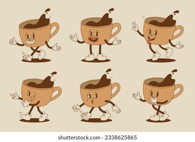 Retro cartoon coffee cup character set. Mug mascot in different poses. 70s-80s groovy contour vector illustration. Espresso black coffee cup.