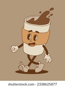 Retro cartoon coffee cup character set. Mug mascot in different poses. 70s-80s groovy contour vector illustration. Espresso black coffee cup.