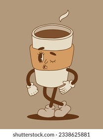 Retro cartoon coffee cup character set. Mug mascot in different poses. 70s-80s groovy contour vector illustration. Espresso black coffee cup.