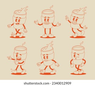 Retro cartoon coffee cup character set. Mug mascot in different poses. 70s-80s groovy contour vector illustration. Cappuccino coffee cup.