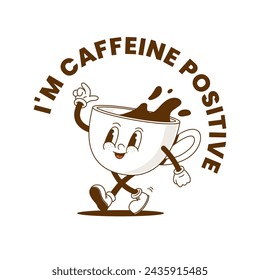 Retro cartoon coffee cup character vector illustration. Vintage espresso mascot. Funny cappuccino drink 