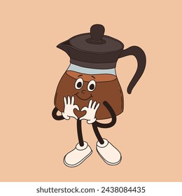 Retro cartoon coffee cup character. Mug mascot in different poses. 60s 70s 80s groovy contour vector illustration. Espresso black coffee cup.