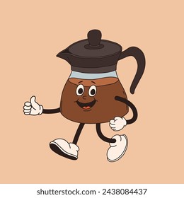 Retro cartoon coffee cup character. Mug mascot in different poses. 60s 70s 80s groovy contour vector illustration. Espresso black coffee cup.