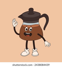 Retro cartoon coffee cup character. Mug mascot in different poses. 60s 70s 80s groovy contour vector illustration. Espresso black coffee cup.