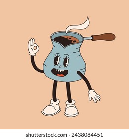 Retro cartoon coffee cup character. Mug mascot in different poses. 60s 70s 80s groovy contour vector illustration. Espresso black coffee cup.