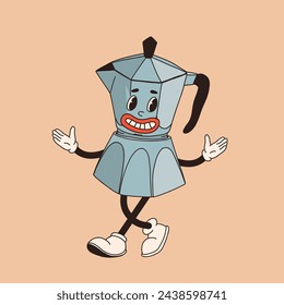 Retro cartoon coffee cup character. Mug mascot in different poses. 60s 70s 80s groovy contour vector illustration. Espresso black coffee cup.