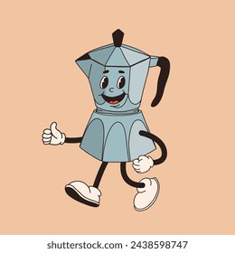 Retro cartoon coffee cup character. Mug mascot in different poses. 60s 70s 80s groovy contour vector illustration. Espresso black coffee cup.