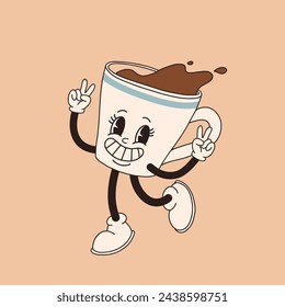 Retro cartoon coffee cup character. Mug mascot in different poses. 60s 70s 80s groovy contour vector illustration. Espresso black coffee cup.