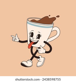 Retro cartoon coffee cup character. Mug mascot in different poses. 60s 70s 80s groovy contour vector illustration. Espresso black coffee cup.
