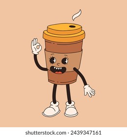 Retro cartoon coffee cup character. Mug mascot in different poses. 60s 70s 80s groovy contour vector illustration. Espresso, latte, cappuccino, black coffee cup.