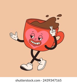 Retro cartoon coffee cup character. Mug mascot in different poses. 60s 70s 80s groovy contour vector illustration. Espresso, latte, cappuccino, black coffee cup.