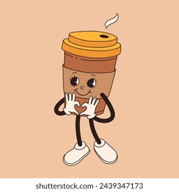 Retro cartoon coffee cup character. Mug mascot in different poses. 60s 70s 80s groovy contour vector illustration. Espresso, latte, cappuccino, black coffee cup.