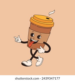 Retro cartoon coffee cup character. Mug mascot in different poses. 60s 70s 80s groovy contour vector illustration. Espresso, latte, cappuccino, black coffee cup.