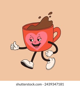 Retro cartoon coffee cup character. Mug mascot in different poses. 60s 70s 80s groovy contour vector illustration. Espresso, latte, cappuccino, black coffee cup.