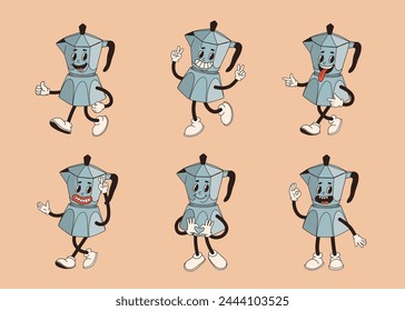 Retro cartoon coffee cup character set. Mug mascot in different poses. 60s 70s 80s groovy contour vector illustration. Espresso black coffee cup.