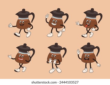 Retro cartoon coffee cup character set. Mug mascot in different poses. 60s 70s 80s groovy contour vector illustration. Espresso black coffee cup.
