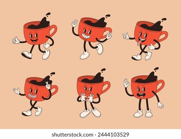 Conjunto de personajes de taza de café de dibujos animados retro. Mascota de taza en diferentes poses. 60s 70s 80s Ilustración vectorial de contorno estupenda. Taza de café negro espresso.