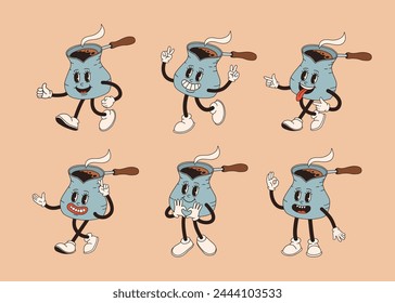 Retro cartoon coffee cup character set. Mug mascot in different poses. 60s 70s 80s groovy contour vector illustration. Espresso black coffee cup.