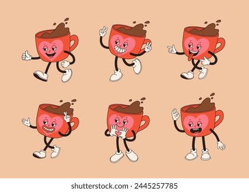 Retro cartoon coffee cup character set. Mug mascot in different poses. 60s 70s 80s groovy contour vector illustration. Espresso, latte, cappuccino, black coffee cup.