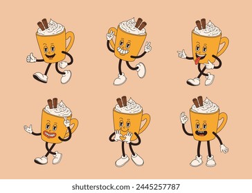 Retro cartoon coffee cup character set. Mug mascot in different poses. 60s 70s 80s groovy contour vector illustration. Espresso, latte, cappuccino, black coffee cup.