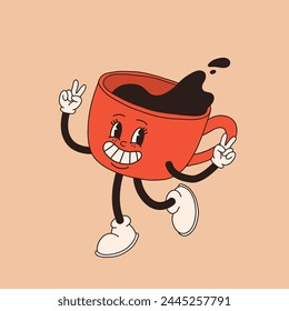 Retro cartoon coffee cup character. Mug mascot in different poses. 60s 70s 80s groovy contour vector illustration. Espresso black coffee cup.