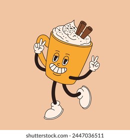 Retro cartoon coffee cup character. Mug mascot in different poses. 60s 70s 80s groovy contour vector illustration. Espresso, latte, cappuccino, black coffee cup.