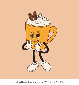 Retro cartoon coffee cup character. Mug mascot in different poses. 60s 70s 80s groovy contour vector illustration. Espresso, latte, cappuccino, black coffee cup.