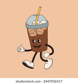 Retro cartoon coffee cup character. Mug mascot in different poses. 60s 70s 80s groovy contour vector illustration. Espresso, latte, cappuccino, black coffee cup.