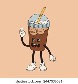 Retro cartoon coffee cup character. Mug mascot in different poses. 60s 70s 80s groovy contour vector illustration. Espresso, latte, cappuccino, black coffee cup.