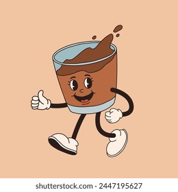 Retro cartoon coffee cup character. Mug mascot in different poses. 60s 70s 80s groovy contour vector illustration. Espresso, latte, cappuccino, black coffee cup.