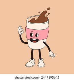 Retro cartoon coffee cup character. Mug mascot in different poses. 60s 70s 80s groovy contour vector illustration. Espresso, latte, cappuccino, black coffee cup.