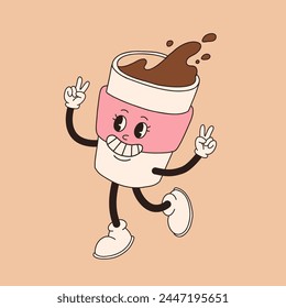 Retro cartoon coffee cup character. Mug mascot in different poses. 60s 70s 80s groovy contour vector illustration. Espresso, latte, cappuccino, black coffee cup.