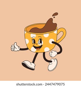 Retro cartoon coffee cup character. Mug mascot in different poses. 60s 70s 80s groovy contour vector illustration. Espresso black coffee cup.