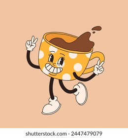 Retro cartoon coffee cup character. Mug mascot in different poses. 60s 70s 80s groovy contour vector illustration. Espresso black coffee cup.