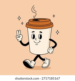 Personaje de taza de café de dibujos animados retro. Mascota de taza de café. 60s 70s 80s Ilustración vectorial de contorno groovy. Taza de café espresso negro.