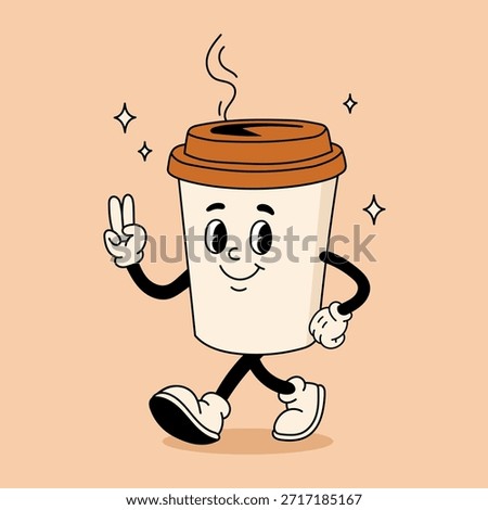 Retro cartoon coffee cup character. Coffee mug mascot. 60s 70s 80s groovy contour vector illustration. Espresso black coffee cup.