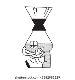 Retro cartoon coffee filter character goes happy. Mascot design outline. Coffee to go concept. Vintage drink illustration. Latte, cappuccino. Vector illustration isolated on white background