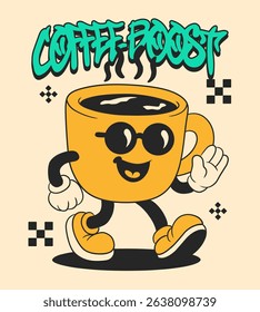 Retro Cartoon Coffee Mascot. Vintage Motivational Poster with Coffee Boost Quote for T-Shirt or Wall Art