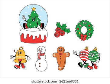 retro cartoon collection, christmas tree character in snow globe, holly and berry, christmas wreath, bell whistle, snowman with scarf, gingerbread man walking, 2 ornament ball walking together vector