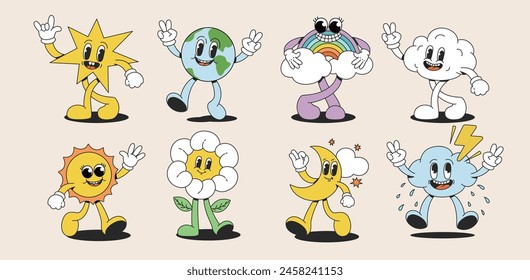 Retro cartoon collection of a funny sun, moon, rainbow, cloud, flower, moon. Trendy groovy characters. Vector illustration