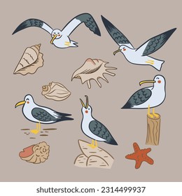 Retro cartoon collection of seagull and seashells. Flat vector outline isolated characters on the sand in kids style. Perfect for decoration, greeting cards, postcards, stickers