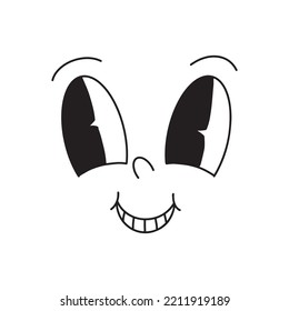 Caricatura retro cómic feliz cara con sonrisa. Simple cara de garabato de tinta negra con ojos, nariz. Viejo personaje antiguo de mascota de los años 30 imita el dibujo.