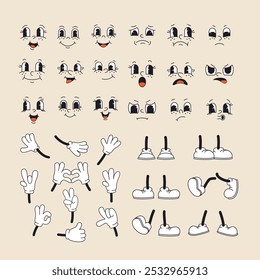 Retro cartoon and comics characters faces, hands in gloves, feet in shoes. Traditional emotions vector elements. Vintage characters creator for trending illustration.