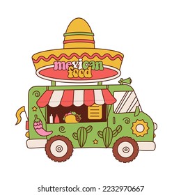 Retro cartoon Commercial Food Truck Vehicle with Mexican Food. Side view vehicle witn sombrero in its top. Vector contour hand drawn illustration.