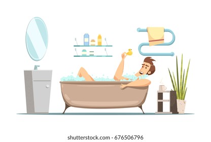 Retro cartoon composition in hygiene theme with man taking bath in bathroom flat vector illustration