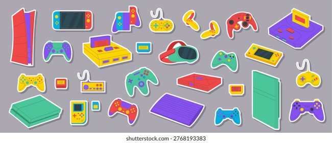 Retro cartoon console and controller sticker collection in flat style. Gamepad, joystick, and video game gadget art as playful game element with colorful tone vintage inspiration for fun