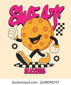 Retro Cartoon Cookie Mascot. Vintage Motivational Poster with Sweat Success Quote for T-Shirt or Wall Art