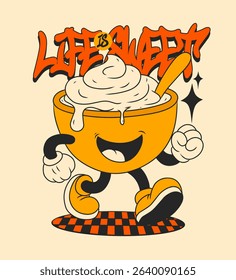 Retro Cartoon Cream Pasta Character. Vintage Motivational Poster with Life is Sweet Text for T-Shirt or Wall Art