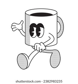Retro cartoon cup of coffee character goes happy. Mascot design outline. Coffee to go concept. Vintage drink illustration. Latte, cappuccino. Vector illustration isolated on white background
